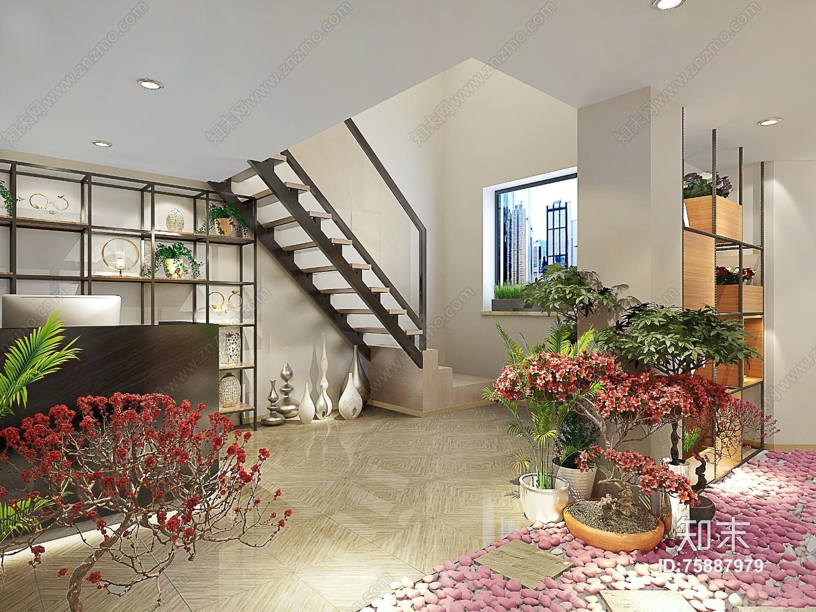 现代工业风办公室前台接待区3D模型下载【ID:75887979】