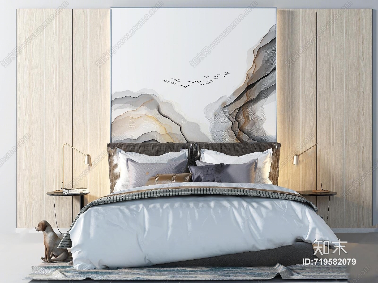 现代双人床床头柜背景组合3D模型下载【ID:719582079】