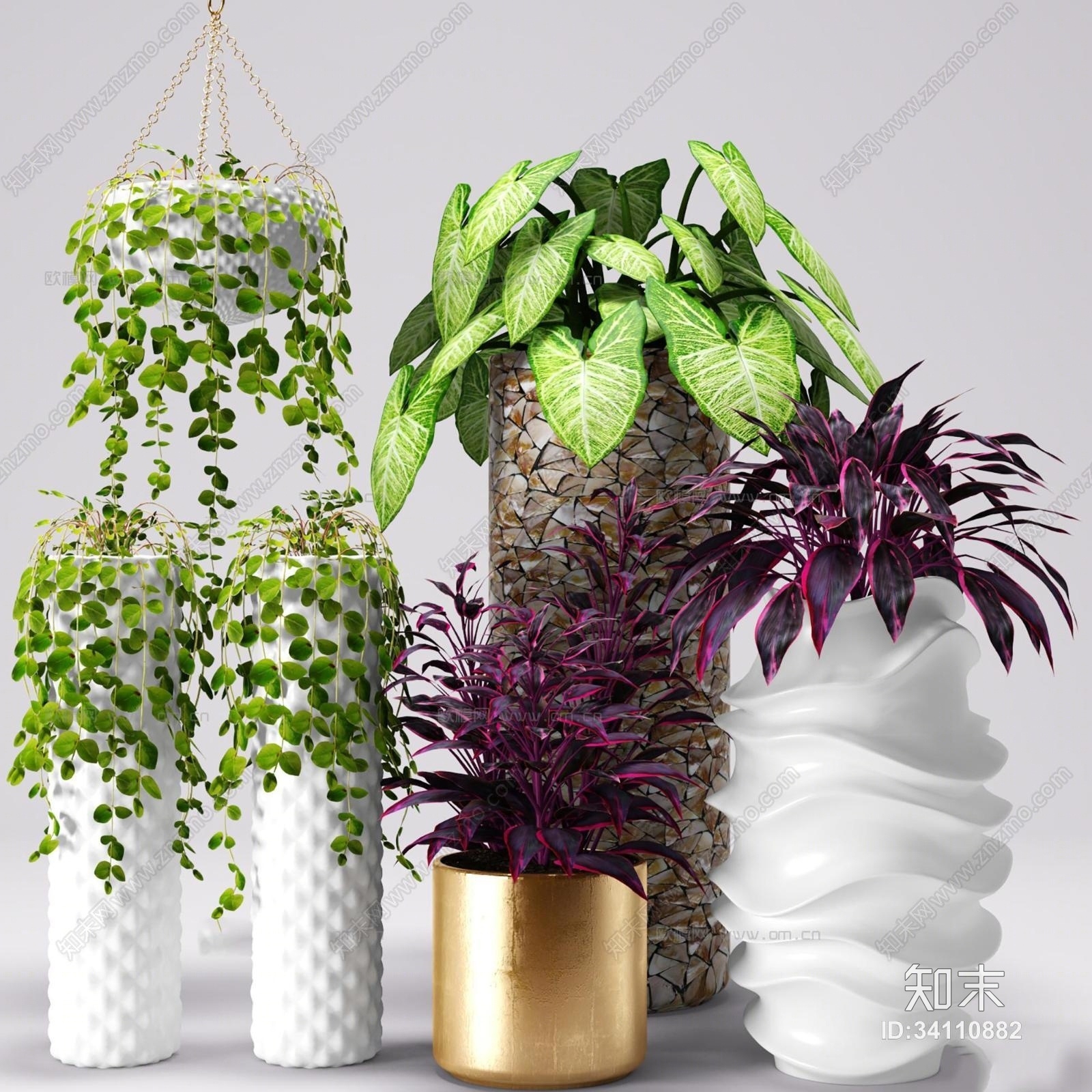 现代陶瓷花瓶花卉盆栽组合3D模型下载【ID:34110882】