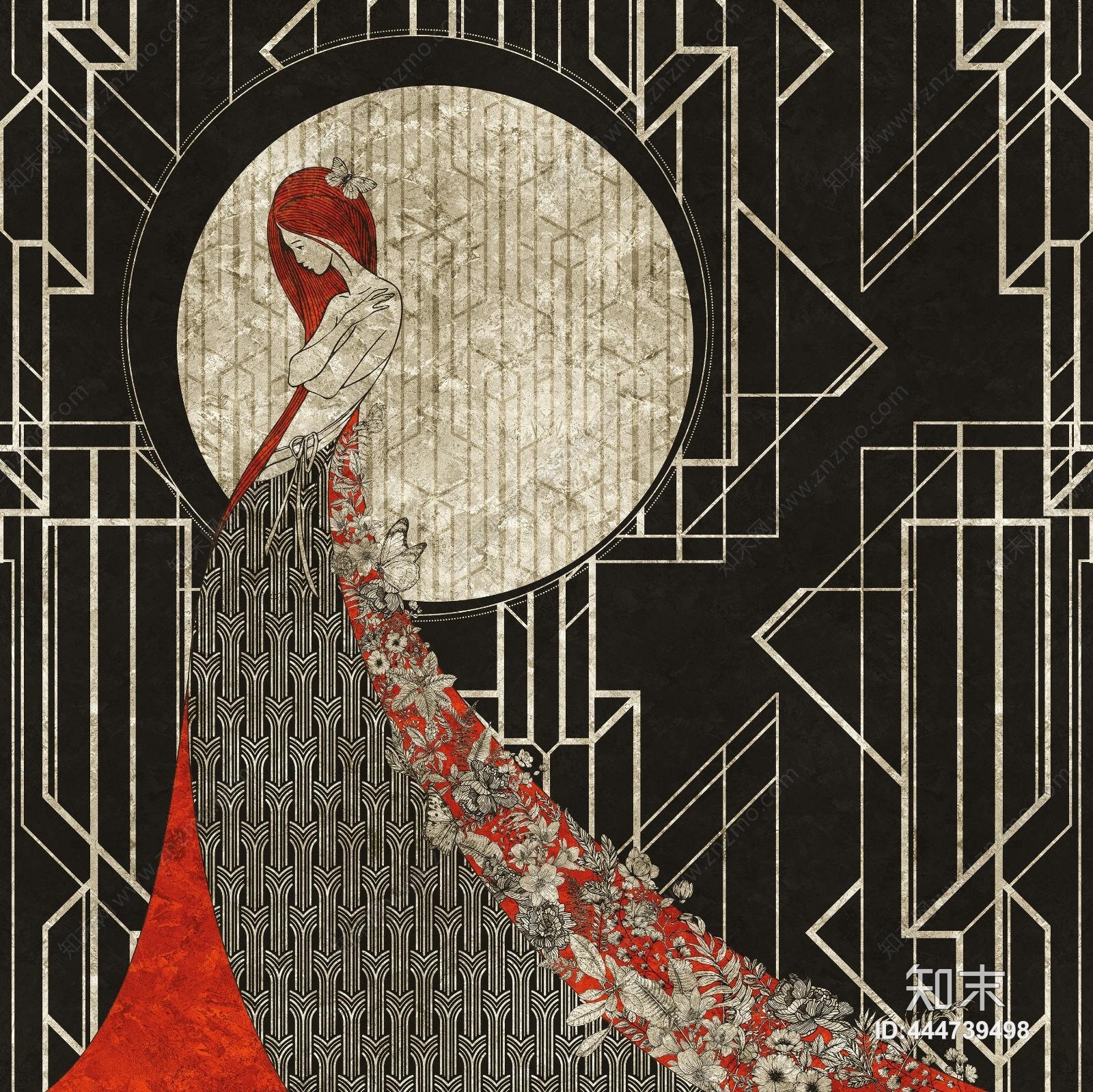 高清深色现代花纹女墙纸壁画贴图下载【ID:444739498】