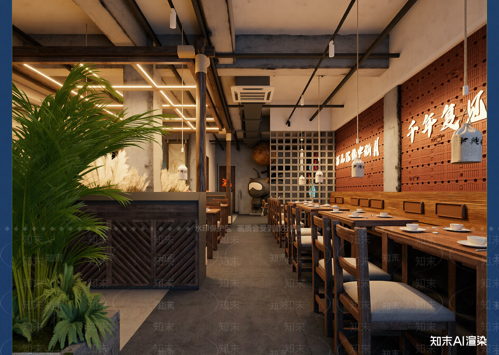 工业风中餐厅3D模型渲染效果图
