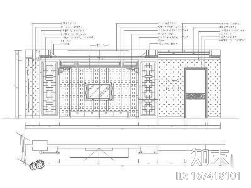 中式背景墙立面施工图下载【ID:167418101】