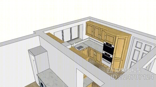 固体橡木摇床厨房与石英工作台和米勒电器SU模型下载【ID:524707124】
