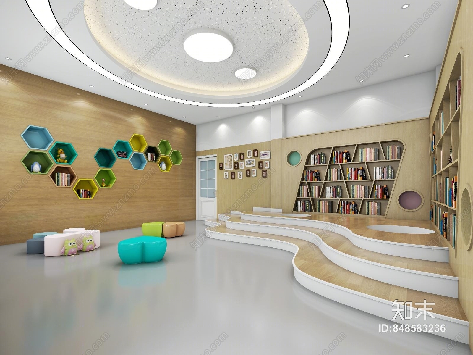 现代幼儿园图书室卡座书柜3D模型下载【ID:848583236】
