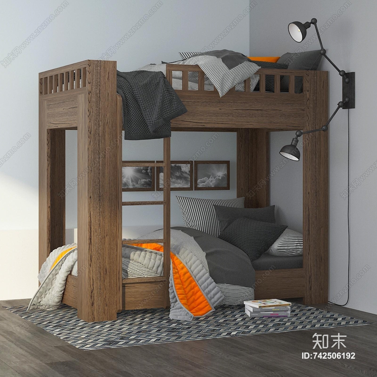 现代木质上下铺3D模型下载【ID:742506192】