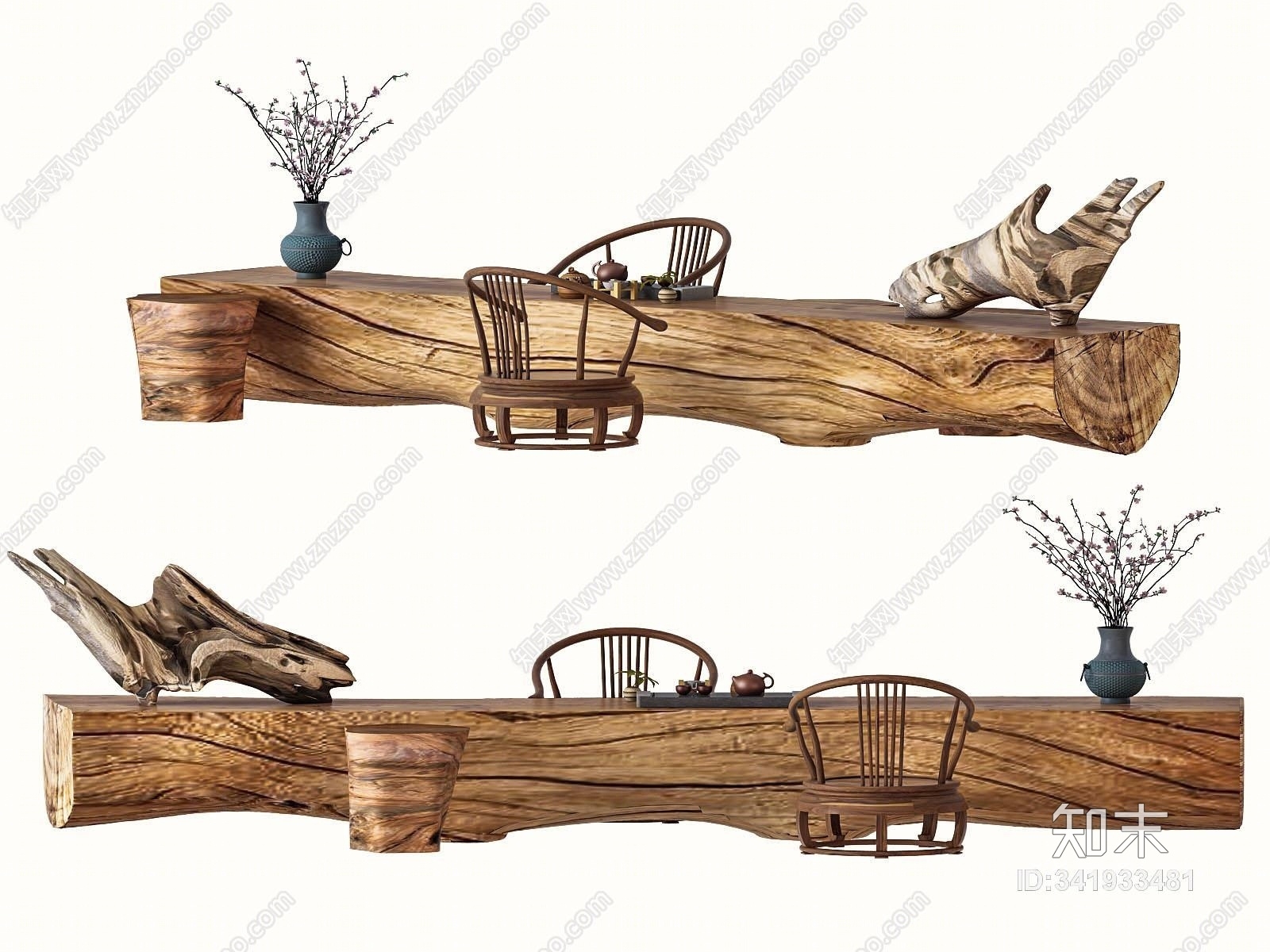 新中式根雕木头木茶桌椅3D模型下载【ID:341933481】
