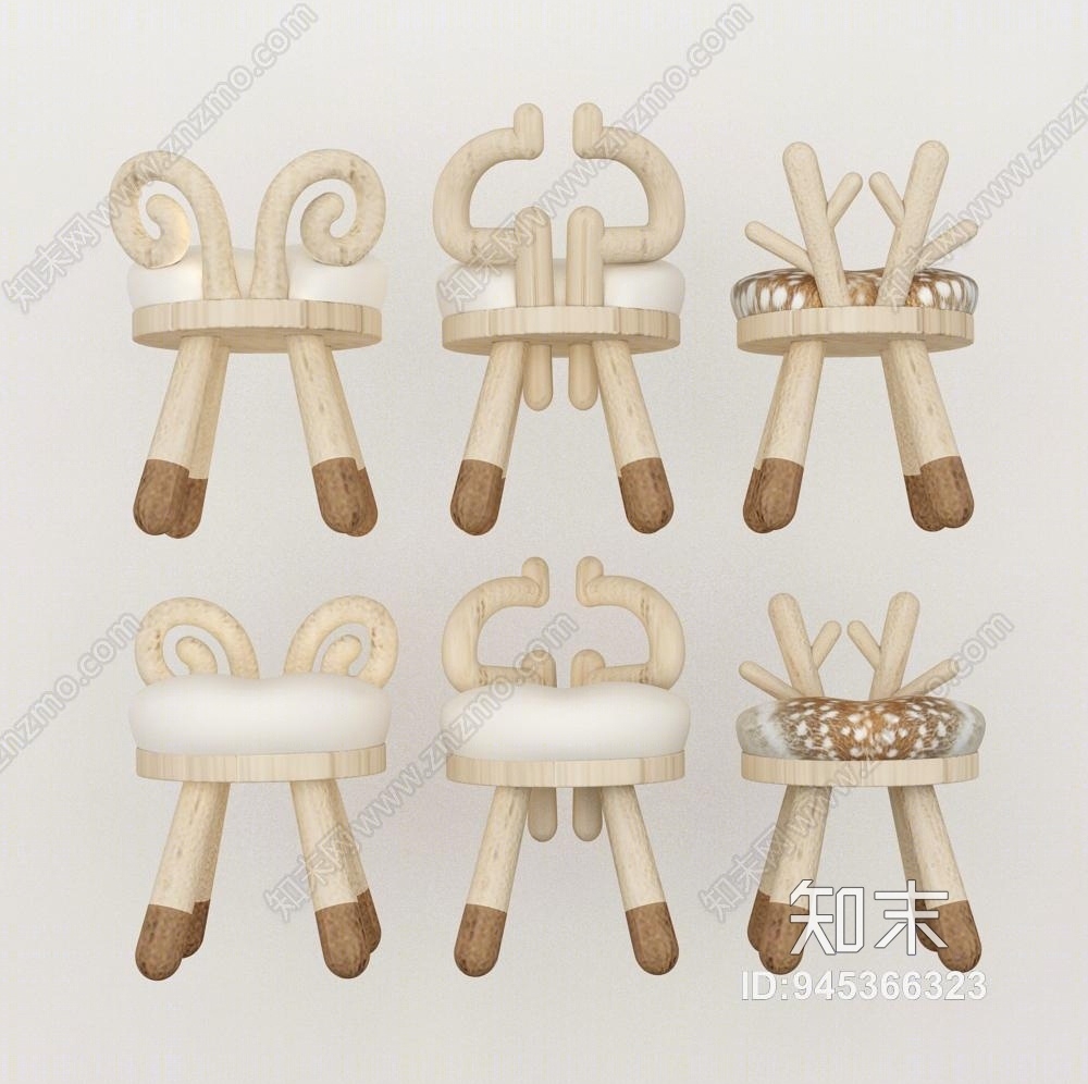 北欧动物犄角儿童椅子3D模型下载【ID:945366323】
