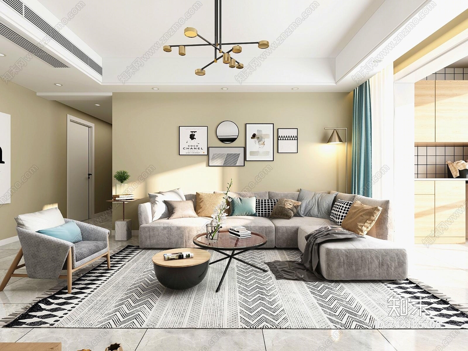 北欧客厅餐厅厨房卧室沙发组合餐桌吊灯装饰画3D模型下载【ID:742185708】