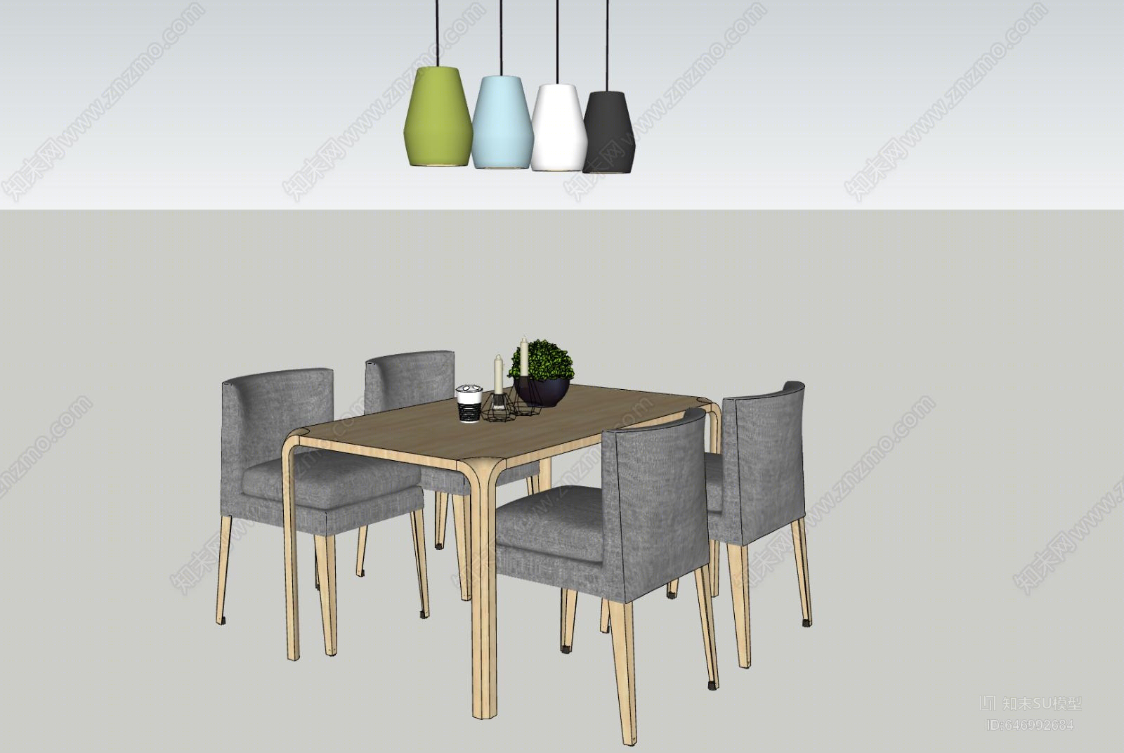日式风格餐桌组合SU模型下载【ID:646992684】