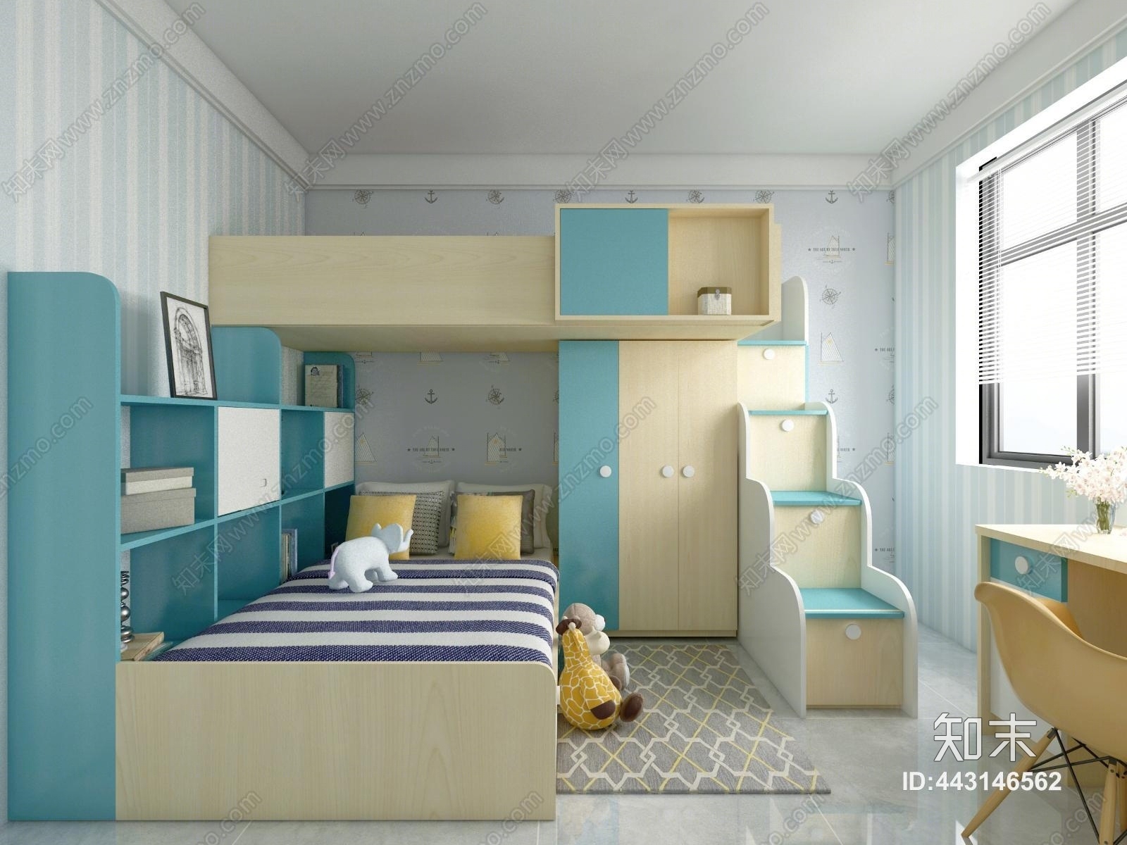 现代儿童房高低床3D模型下载【ID:443146562】