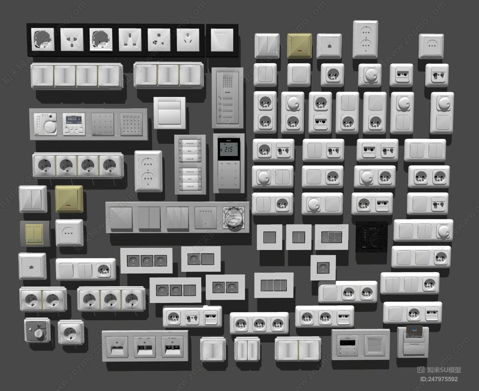 现代开关插座面板组合SU模型下载【ID:247975592】