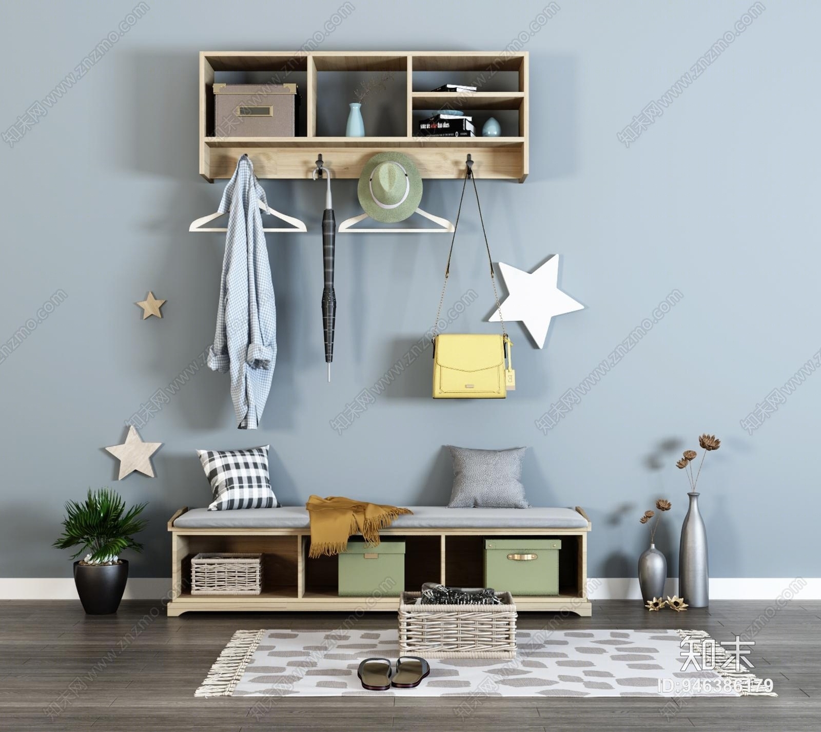 现代衣帽架墙饰玄关柜3D模型下载【ID:946386179】