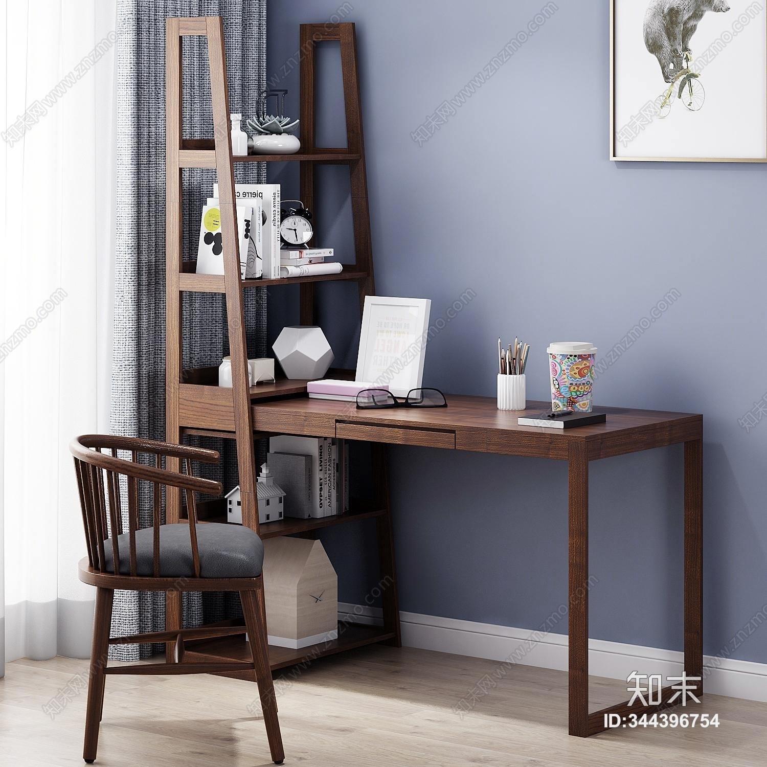 现代书架书桌书椅饰品模型3D模型下载【ID:344396754】