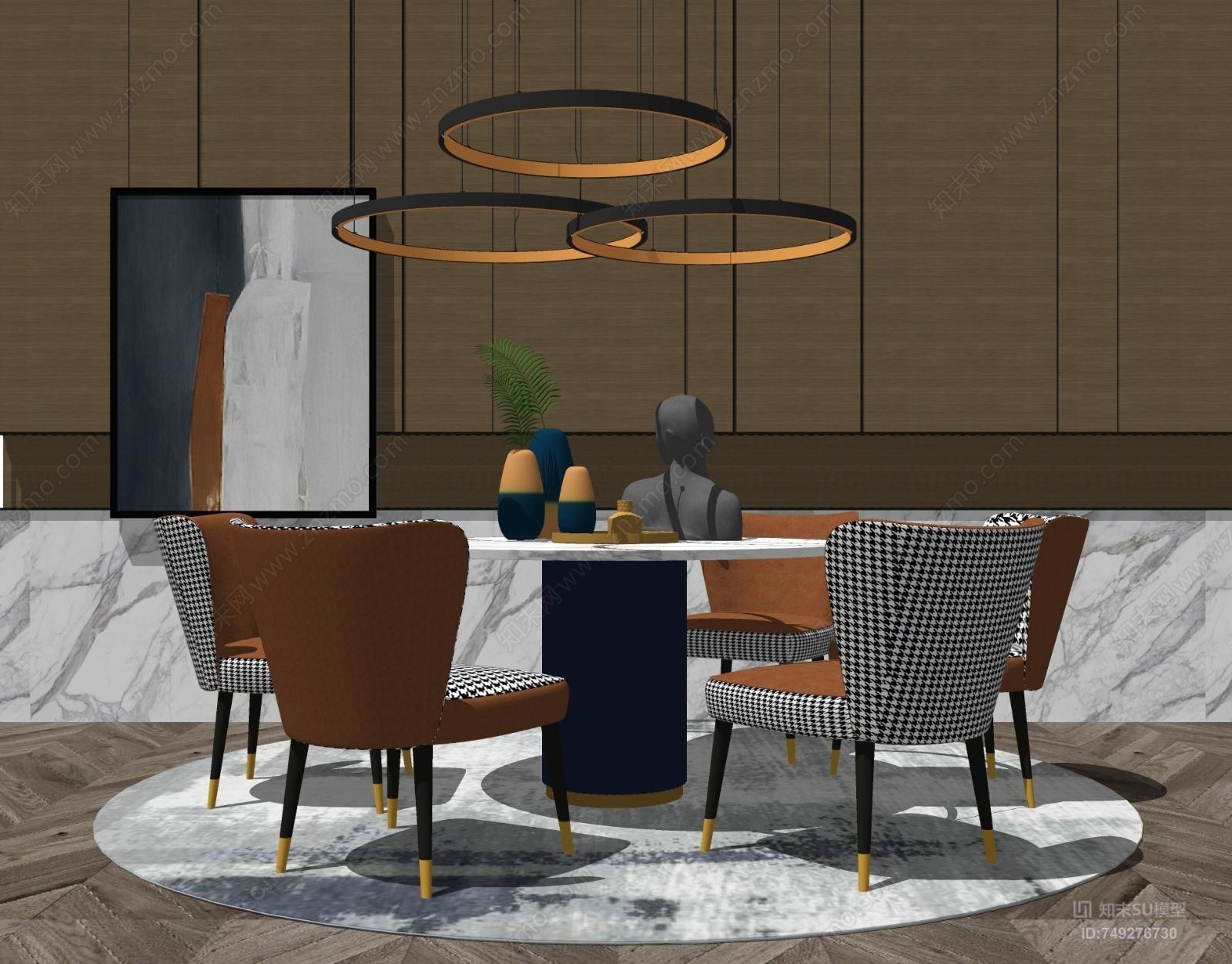 现代轻奢圆形餐桌椅子SU模型下载【ID:749276730】