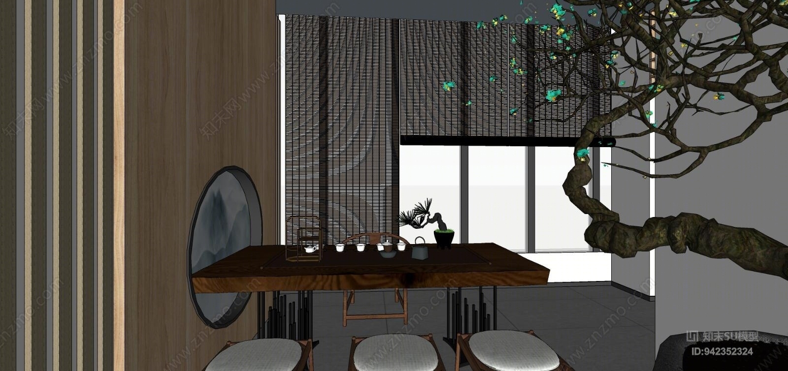 新中式茶室空间SU模型下载【ID:942352324】
