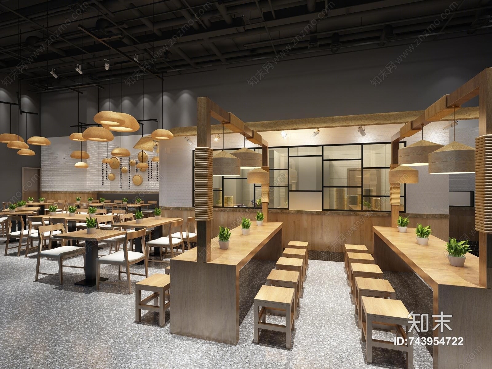 新中式员工食堂3D模型下载【ID:743954722】