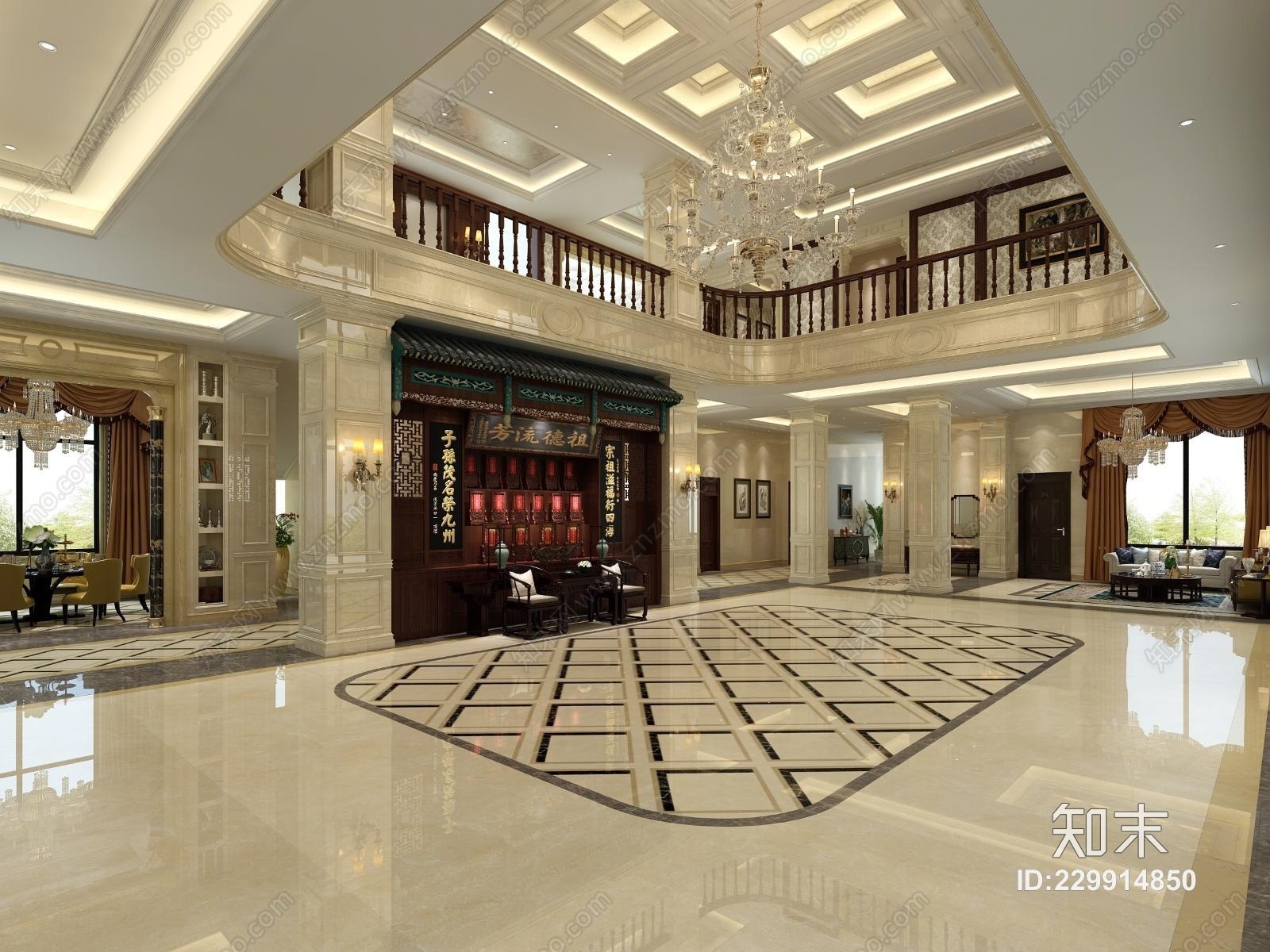 欧式古典别墅玄关大厅3D模型下载【ID:229914850】