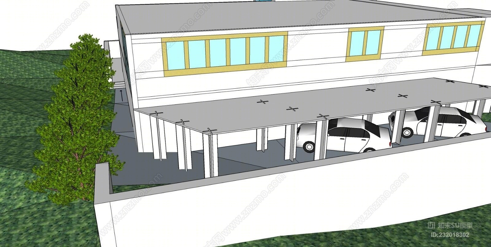 坡地建筑别墅模型尖桩篱栅SU模型下载【ID:232018302】