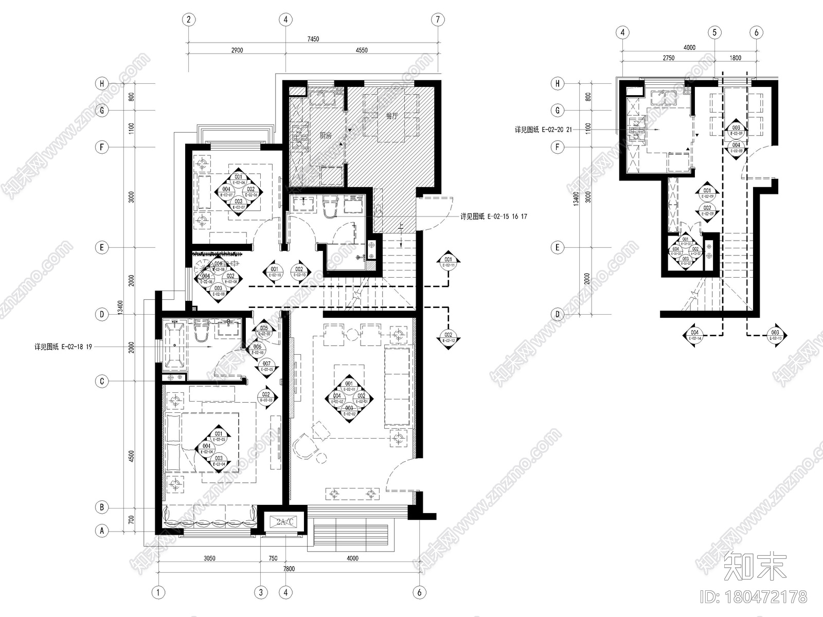 [上海]87㎡简欧两居室家装户型样板间施工图cad施工图下载【ID:180472178】
