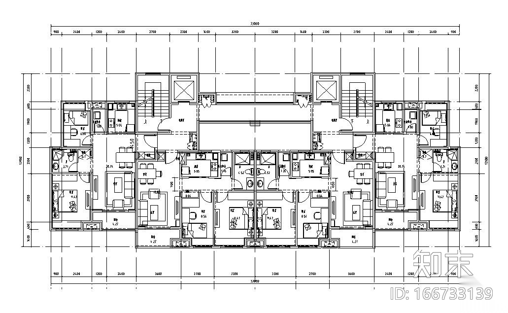 高层户型图- 户型及组合平面施工图下载【ID:166733139】