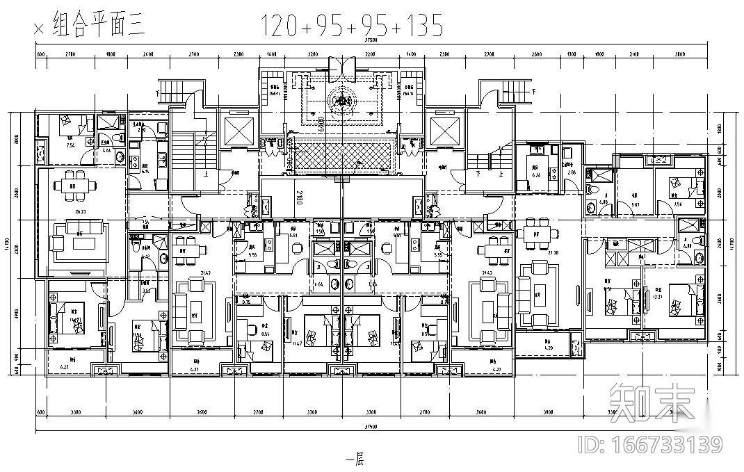 高层户型图- 户型及组合平面施工图下载【ID:166733139】