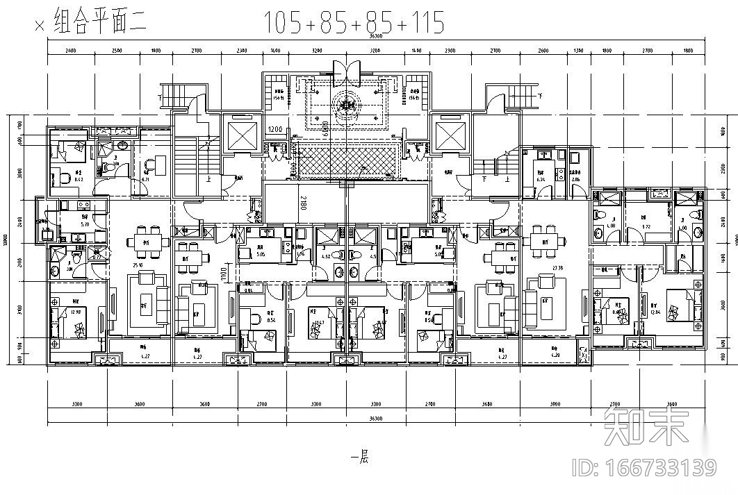 高层户型图- 户型及组合平面施工图下载【ID:166733139】