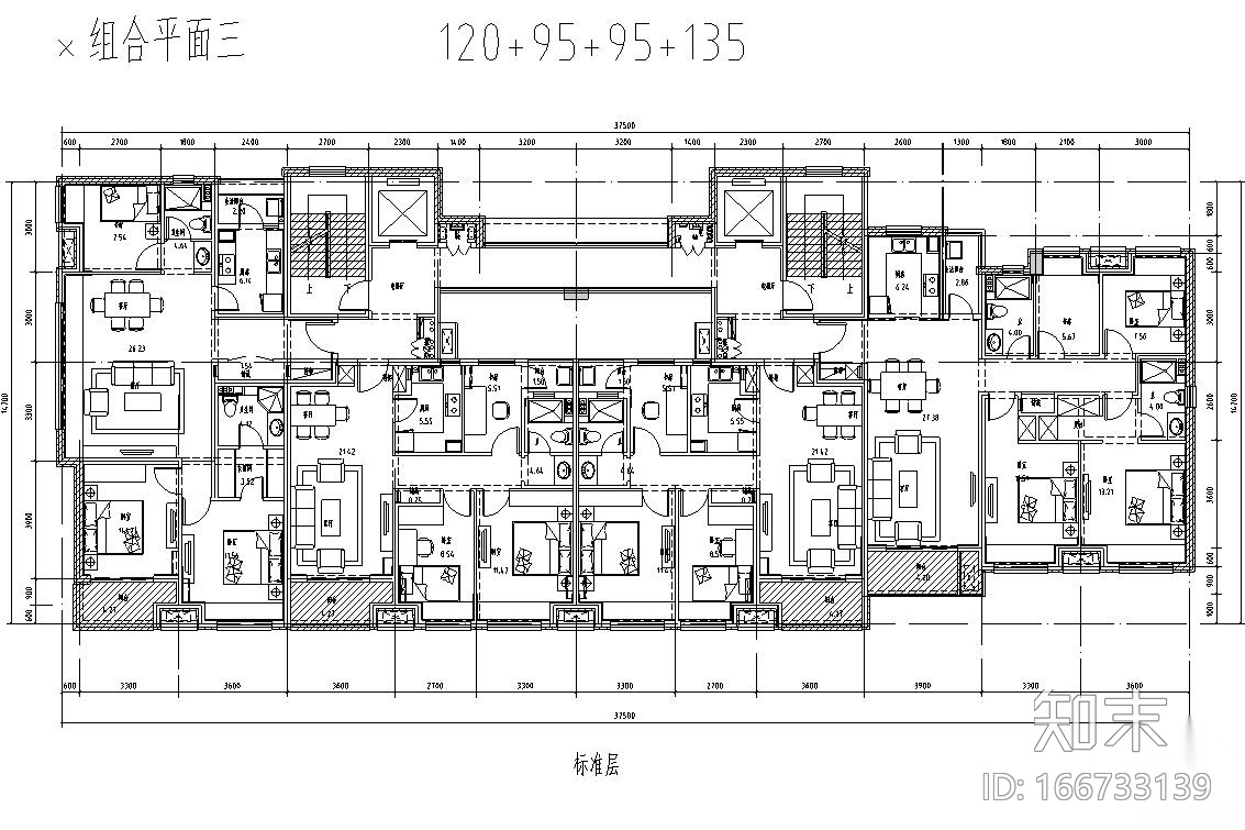 高层户型图- 户型及组合平面施工图下载【ID:166733139】