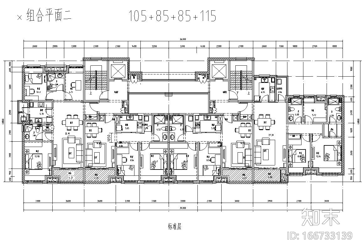 高层户型图- 户型及组合平面施工图下载【ID:166733139】