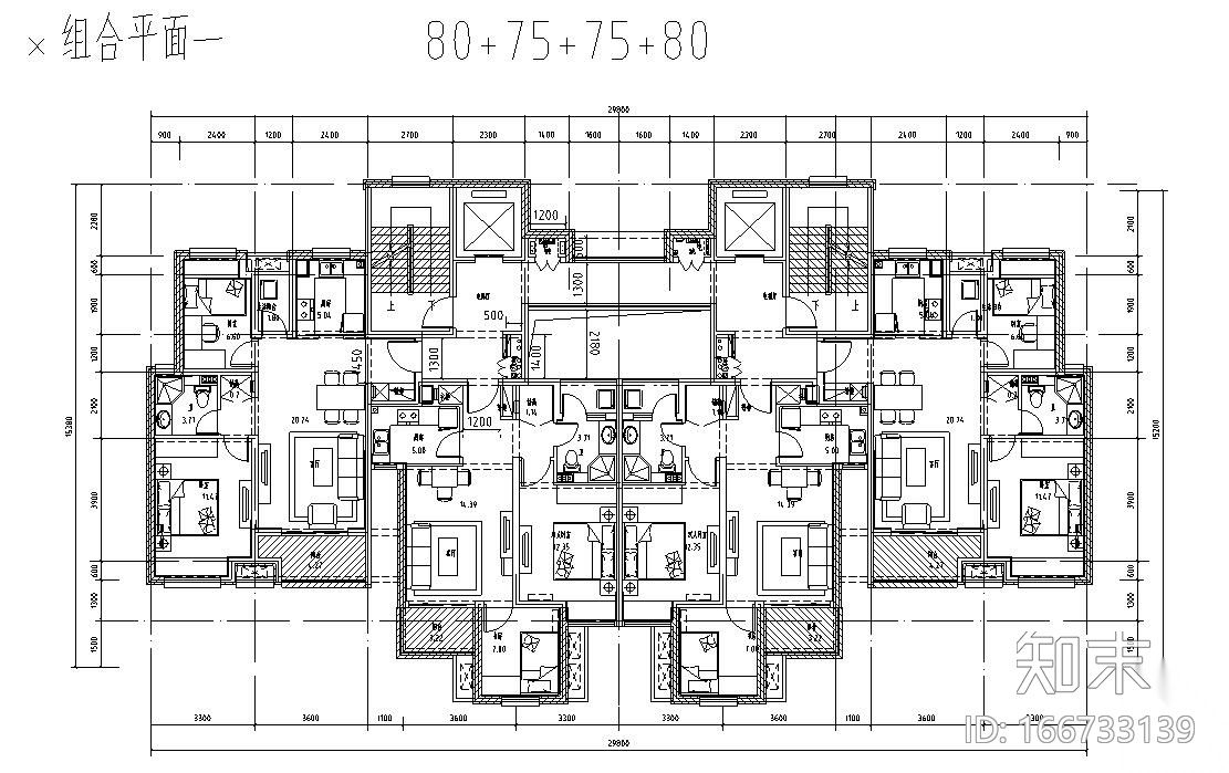 高层户型图- 户型及组合平面施工图下载【ID:166733139】