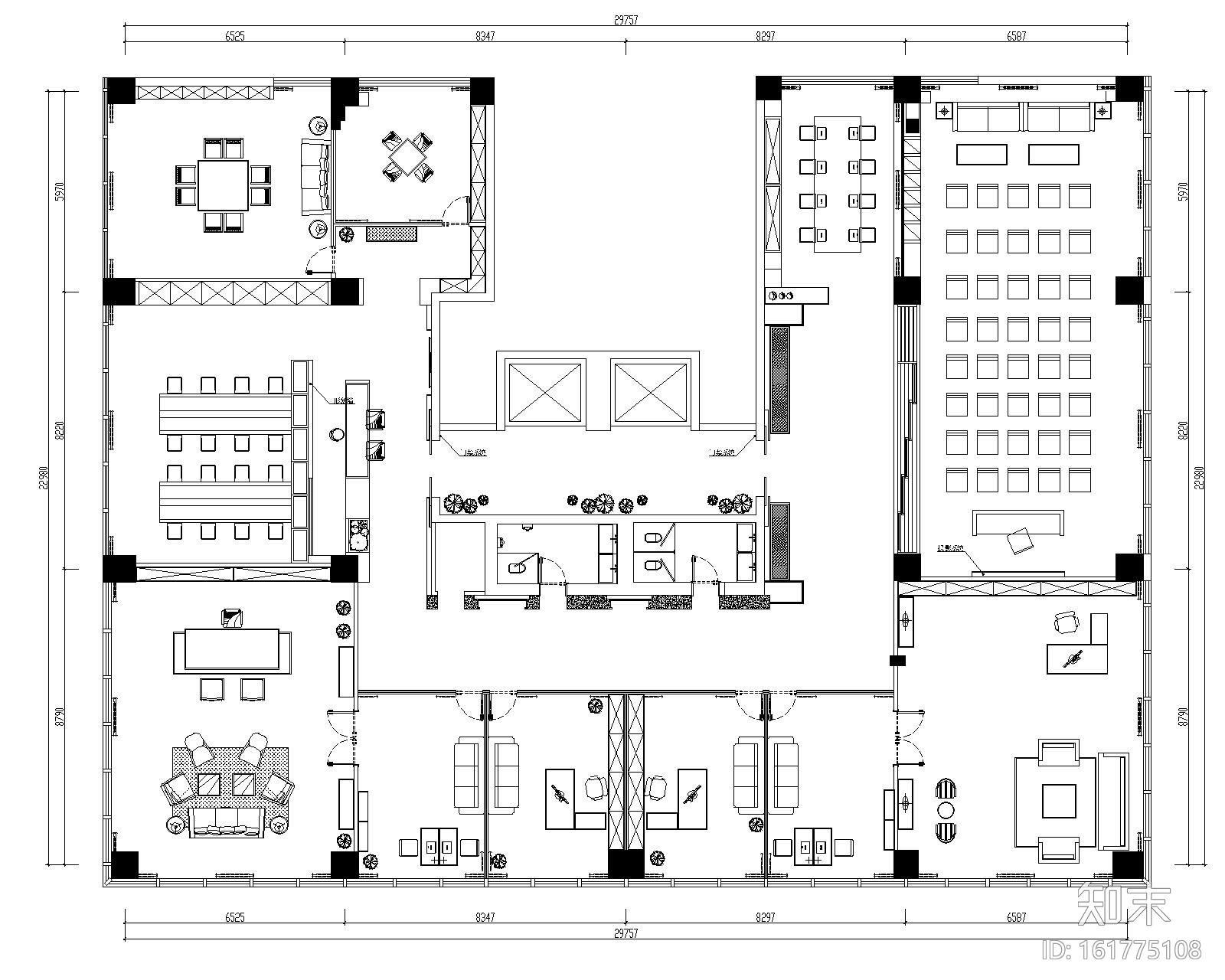 [山东]混搭--黄海城市花园七层办公平面装修施工图+效果...cad施工图下载【ID:161775108】