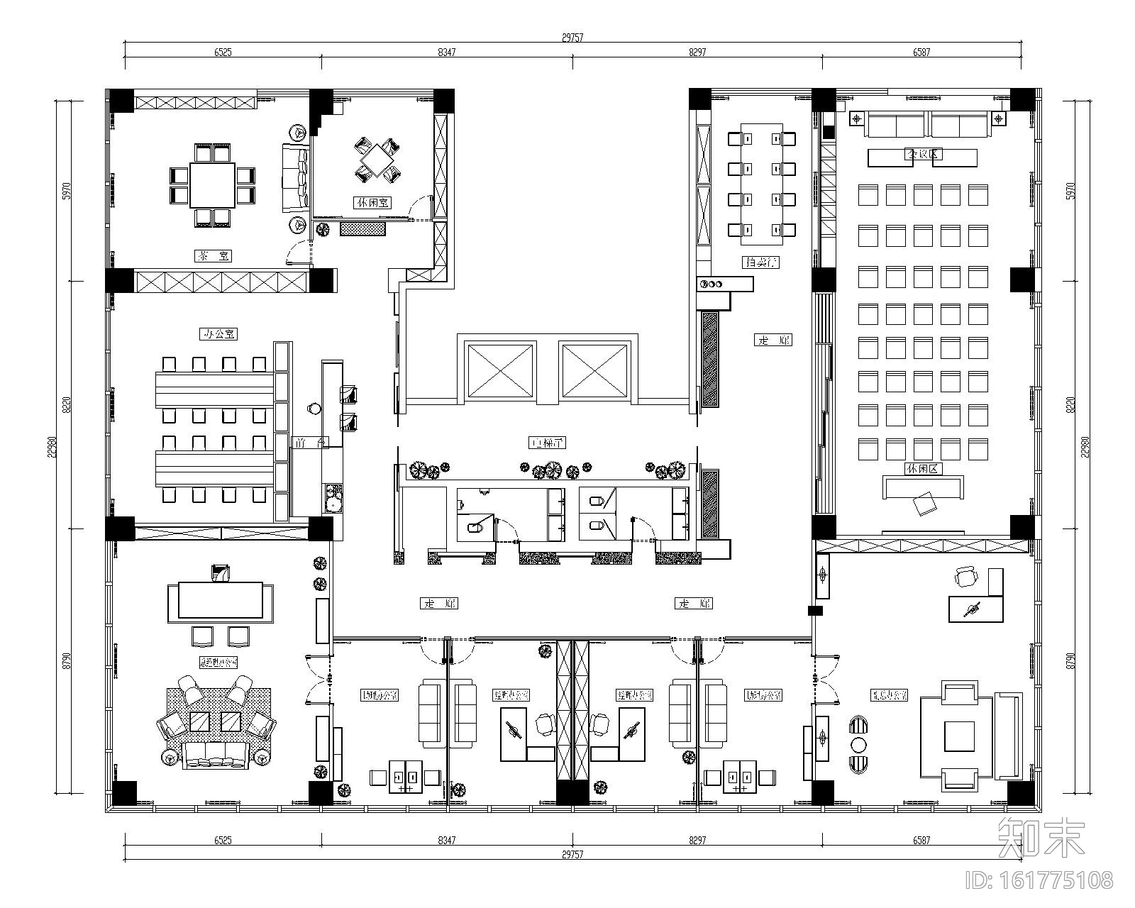 [山东]混搭--黄海城市花园七层办公平面装修施工图+效果...cad施工图下载【ID:161775108】