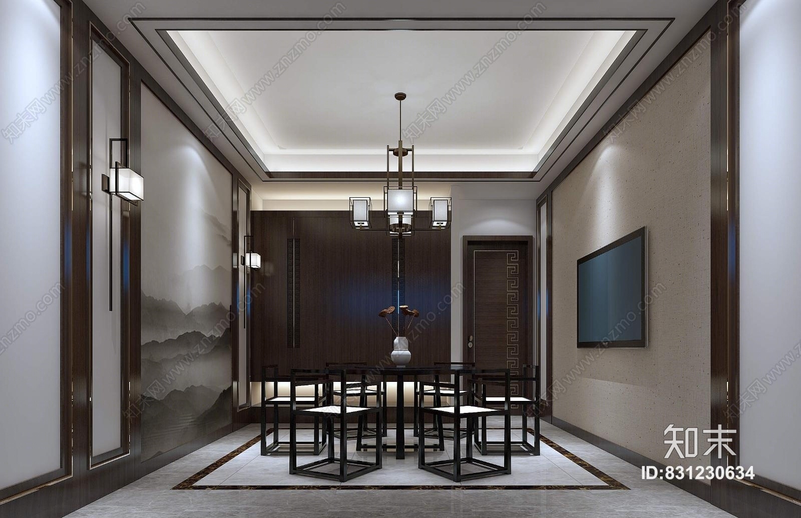 新中式餐厅吊灯壁灯餐桌餐椅门3D模型下载【ID:831230634】