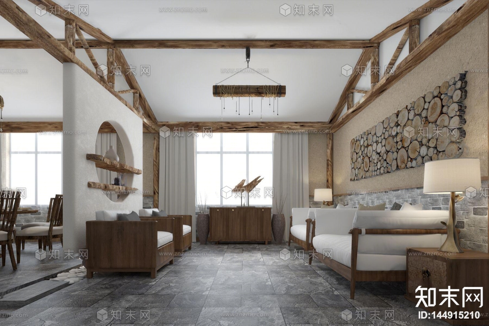 新中式民宿客厅餐厅3D模型下载【ID:144915210】