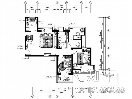 楼盘三居样板房东户型装修图施工图下载【ID:161893183】