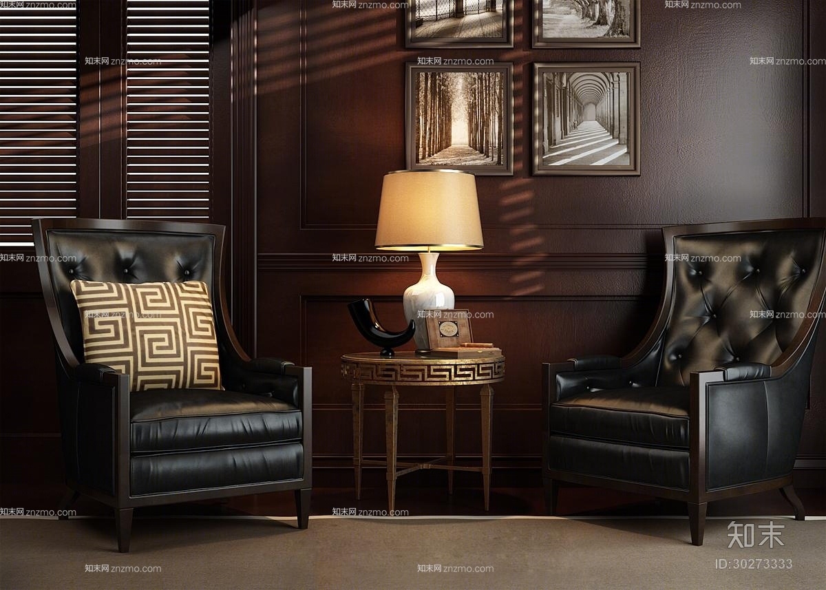 欧式简约黑色皮质沙发茶几组合3D模型下载【ID:30273333】