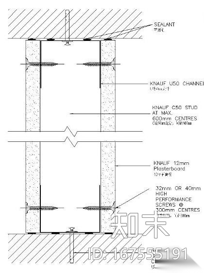 双面石膏板隔墙节点图cad施工图下载【ID:167555191】