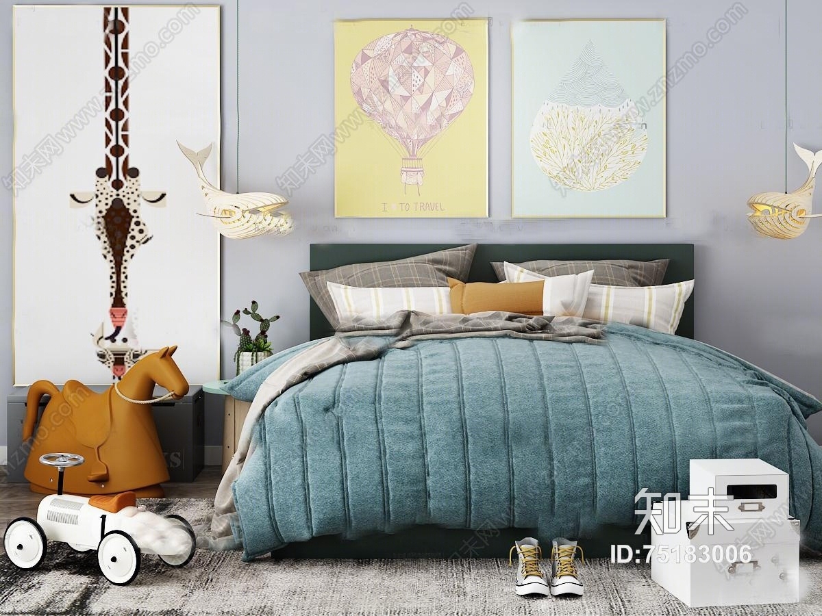 现代双人床装饰画木马玩具3D模型下载【ID:75183006】