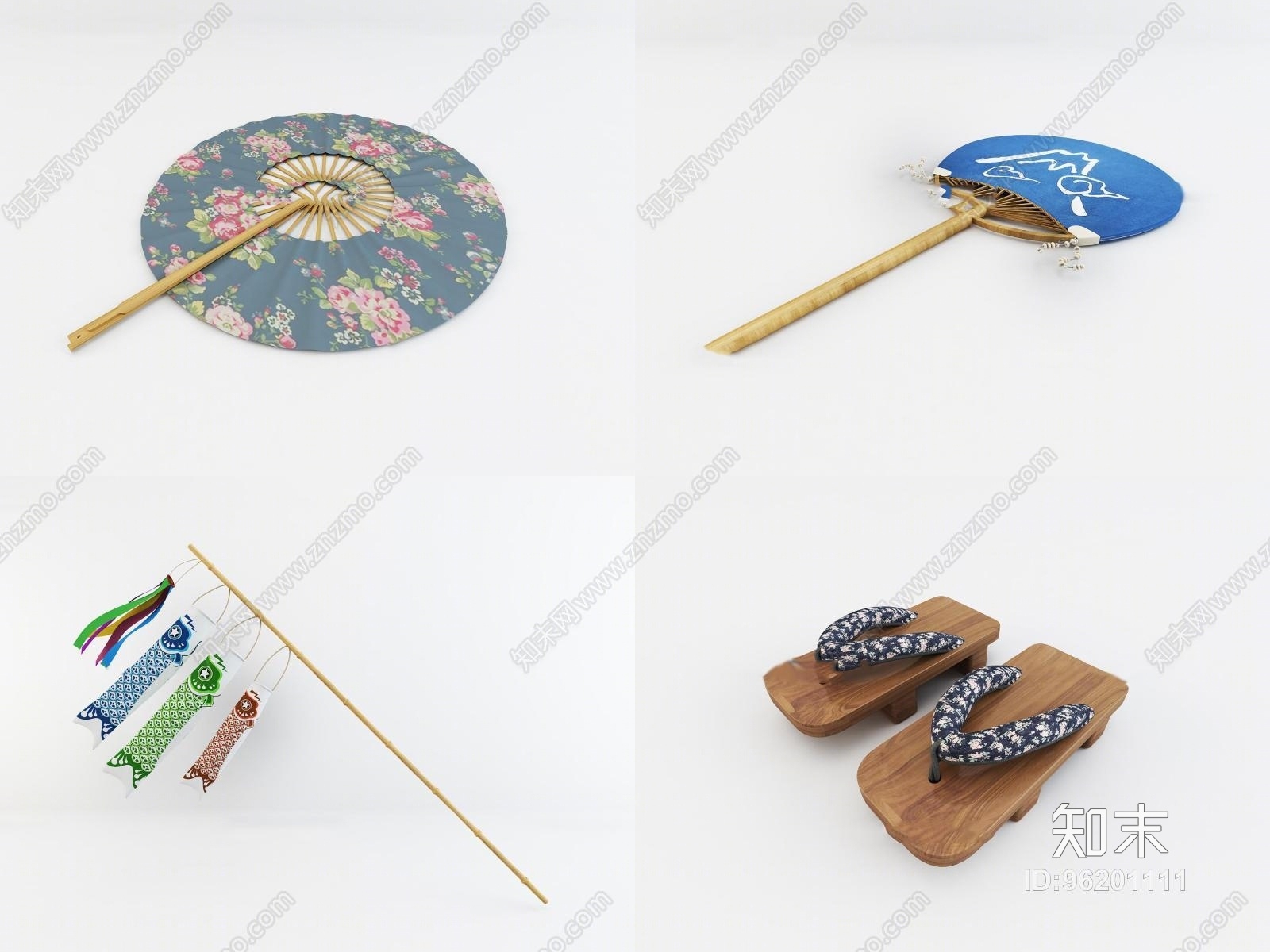 日式扇子木屐鲤鱼旗装饰品3D模型下载【ID:96201111】