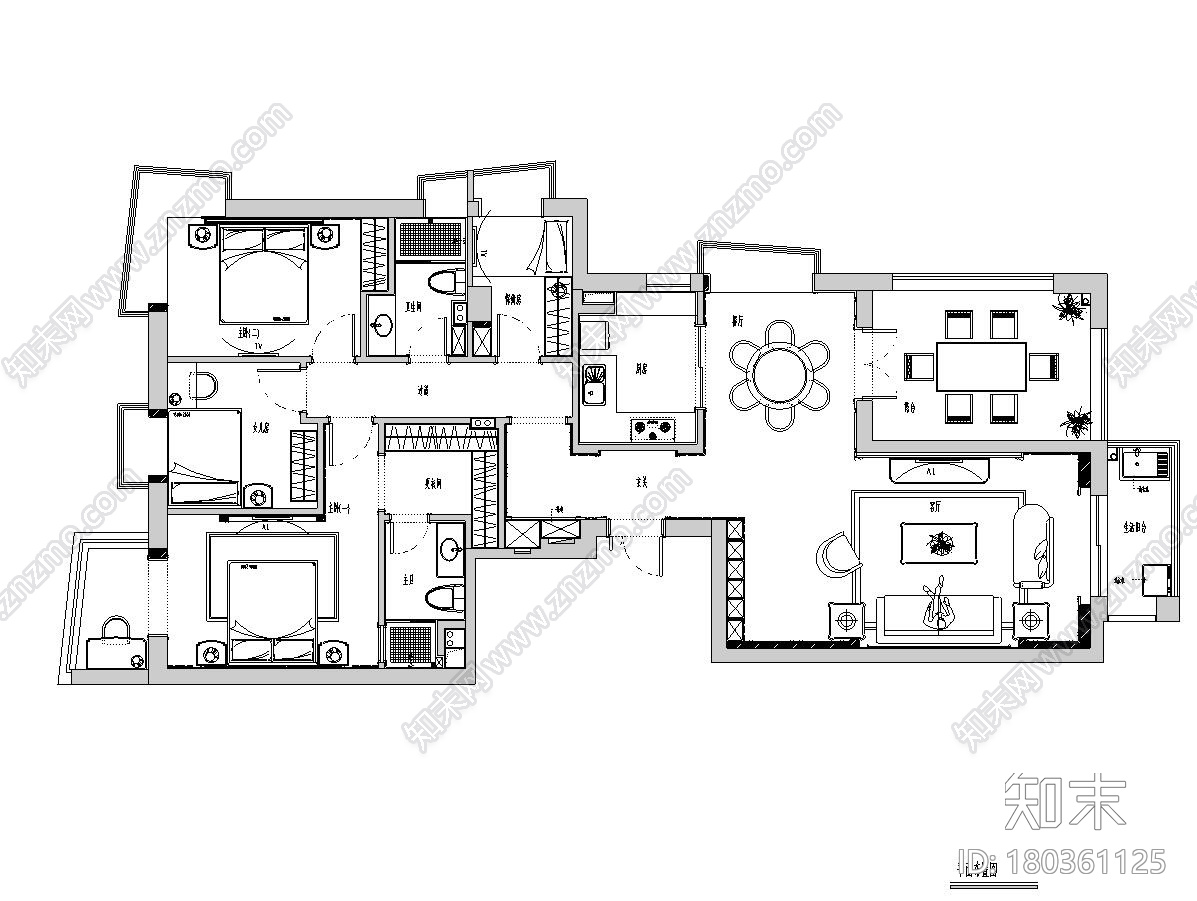 160㎡欧式风格三居室装修施工图设计施工图下载【ID:180361125】