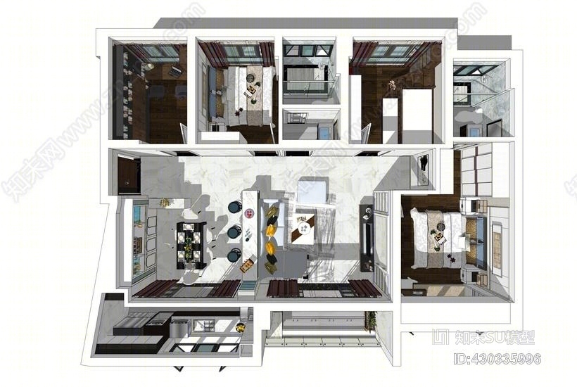 吉祥里现代风格四房两厅室内设计SU模型下载【ID:430335996】