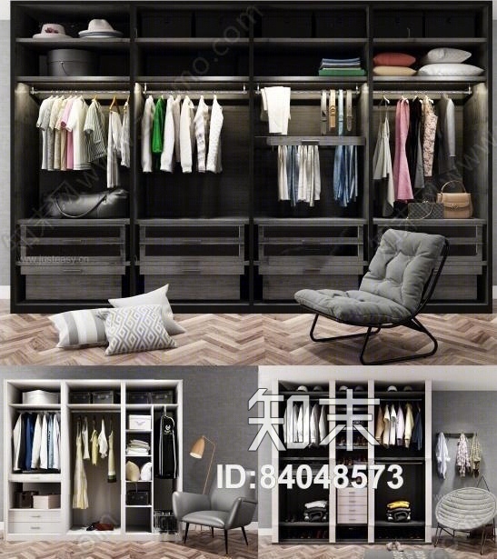 现代衣柜衣服沙发椅组合3D模型下载【ID:84048573】