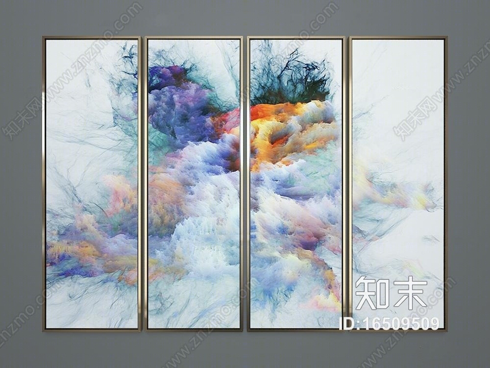 中式彩色水墨装饰画组合3D模型下载【ID:16509509】