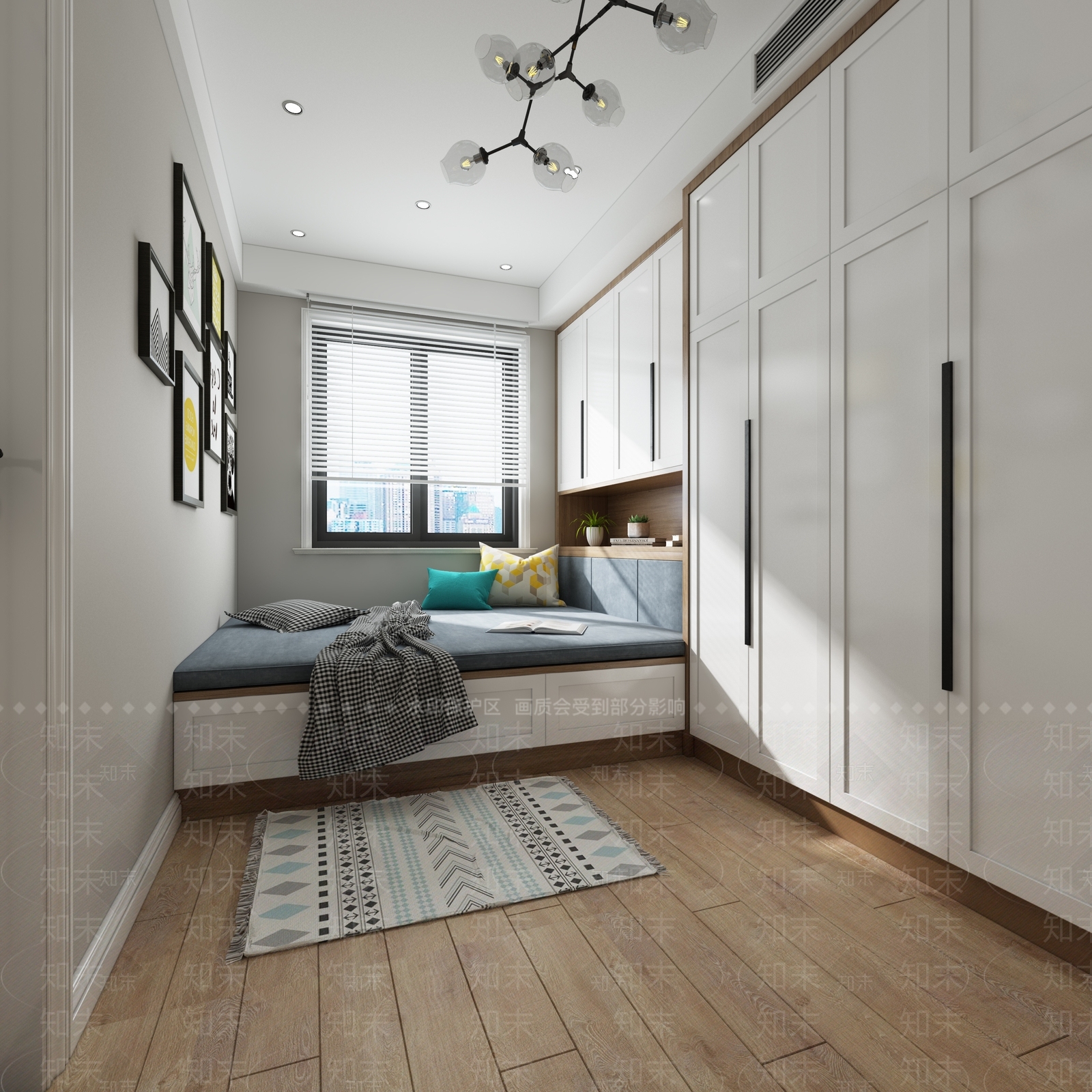 北欧卧室吊灯挂画绿植窗帘3D模型下载【ID:532459660】