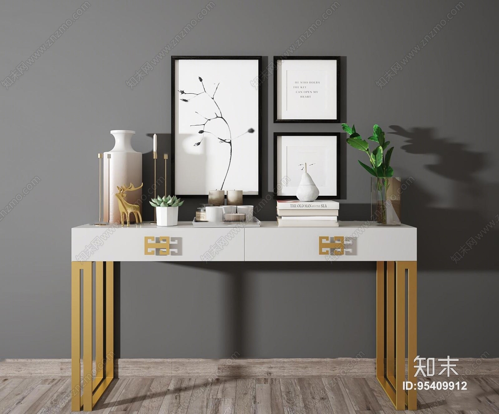 现代端景条案饰品装饰画组合3D模型下载【ID:95409912】