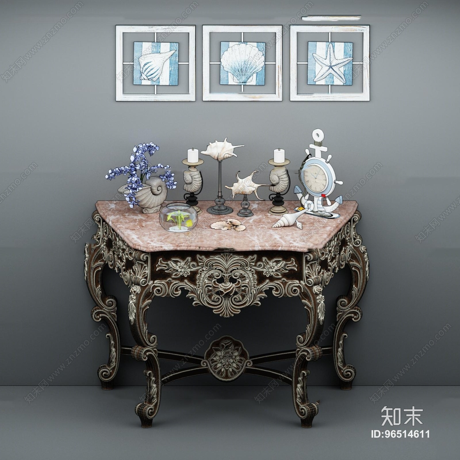 欧式雕花端景台海螺摆件组合3D模型下载【ID:96514611】