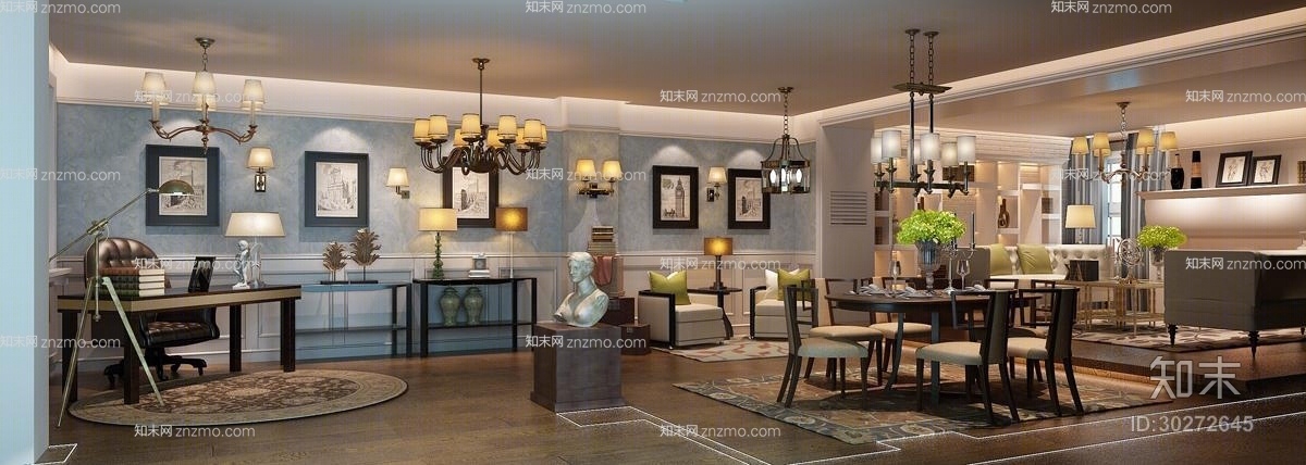 美式简约餐桌椅组合3D模型下载【ID:30272645】