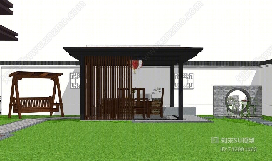中式庭院景观SU模型下载【ID:732991063】