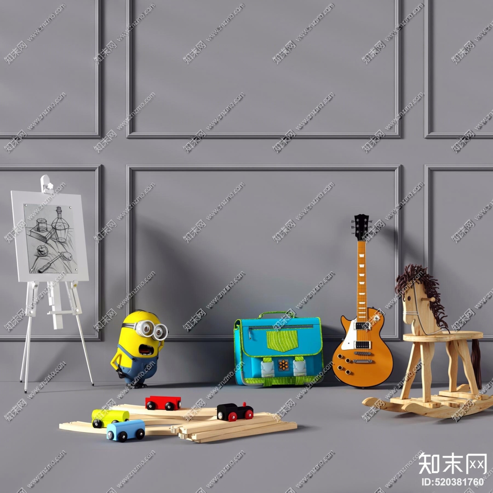 现代玩具木马小黄人画板吉他3D模型下载【ID:520381760】