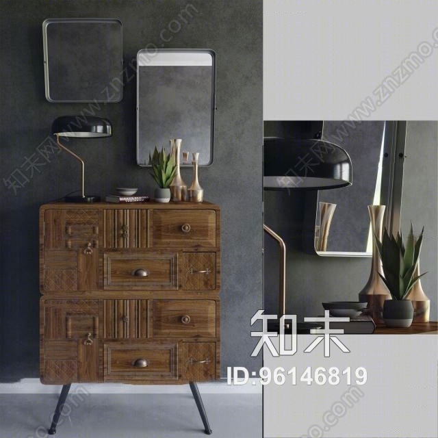 工业风餐边柜台灯摆件镜子3D模型下载【ID:96146819】