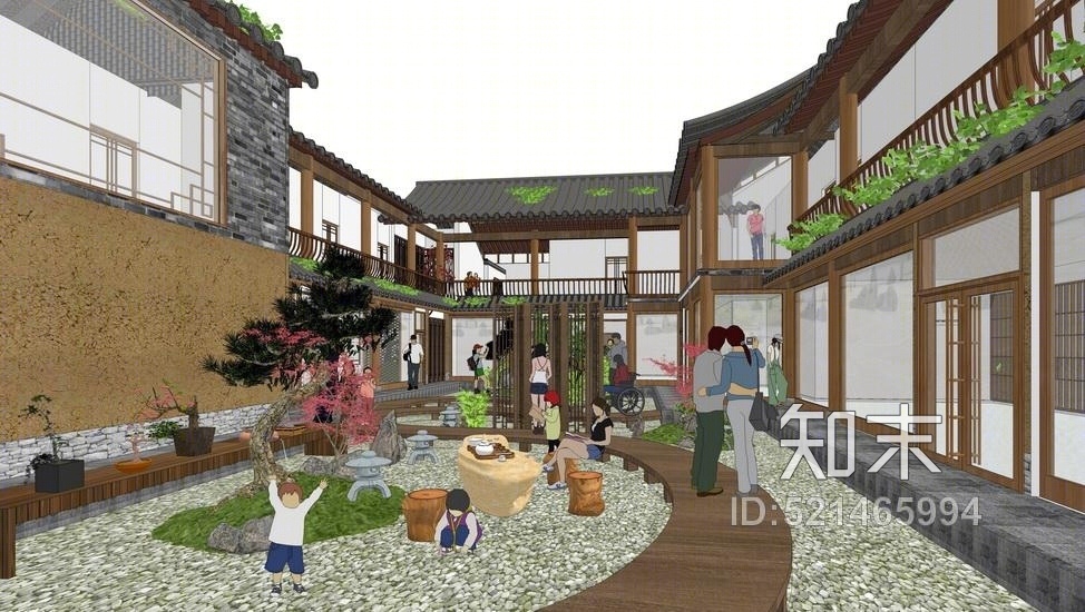 四合院庭院景观SU模型下载【ID:521465994】